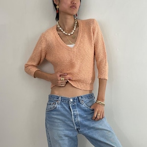 80s Peach Nubby Knit Sweater: Cropped V-Neck Rayon Linen Blend