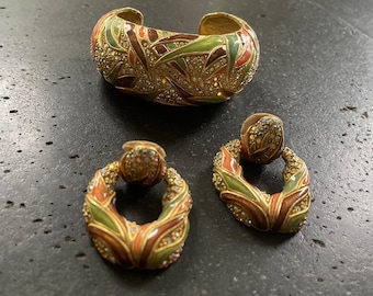 Vintage 90s Roxanne Assoulin Original Enamel Cuff Bracelet and Door Knocker Earring Matching Set