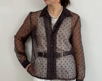 Vintage 90s Sheer Brown Polka Dot Blouse