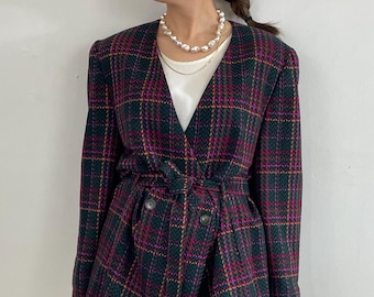 Vintage 90s Pendleton Plaid Wool Belted Double Breasted Tweed Blazer Jacket