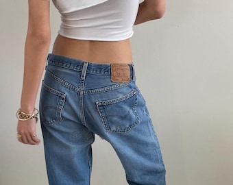 Vintage 80s Levis 501 Faded Patched Boyfriend Button Fly Jeans USA | 31x30