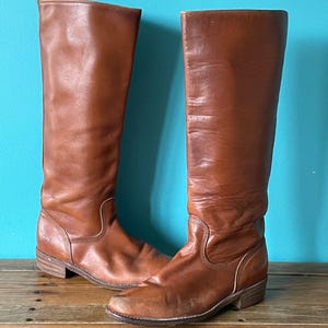 Vintage 80s Frye Campus Boots Tall Chestnut Tobacco Brown Leather Campus Knee High Pull On Boots Womens USA 7.5