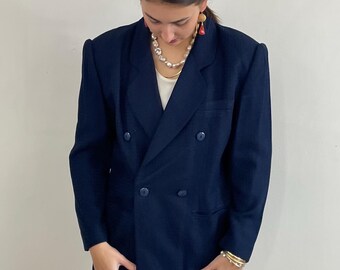 Blazer cruzado vintage de los años 90, de lana con estampado de pata de gallo azul marino.