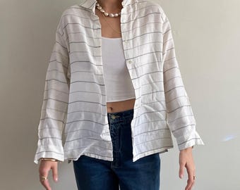 Vintage 90s White Linen Striped Blouse Shirt Minimalist