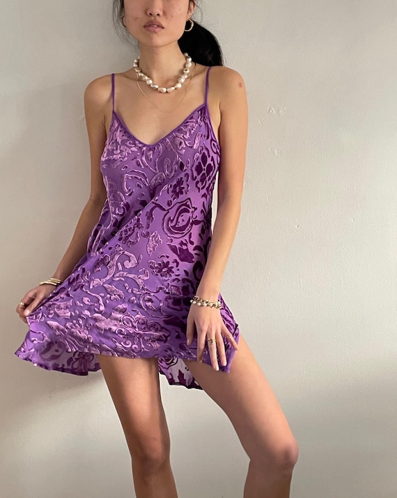 90s Vintage Silk Devore Velvet Semi Sheer Purple Slip Dress M - Etsy