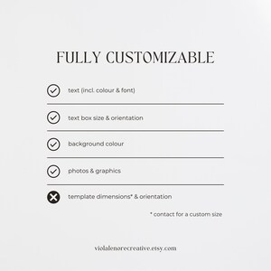 A graphic with the heading “Fully Customizable” followed by a checklist of editable elements including text (color and font), text box size and orientation, background color, photos and graphics.