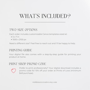 A graphic with the heading “What’s Included?” and stating that the item includes two size options, a step-by-step printing guide, and a promo code for professional printing at Prints of Love.