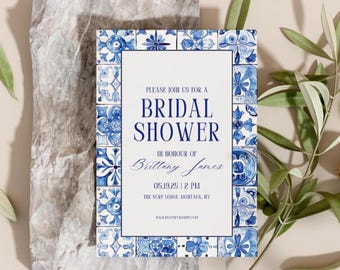 Mediterranean Bridal Shower Invitation, Blue Tile Canva Template, Printable Instant Download, V43