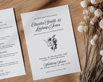 Cherub Invitation and Details Card: Classic, Romantic Wedding Invite Set (Digital Download), V15