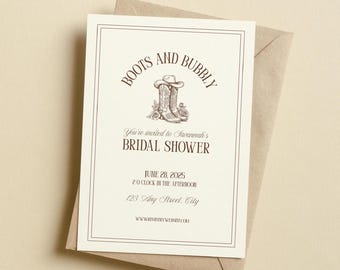 Boots and Bubbly Bridal Shower Invitation (Customizable Canva Template), V49