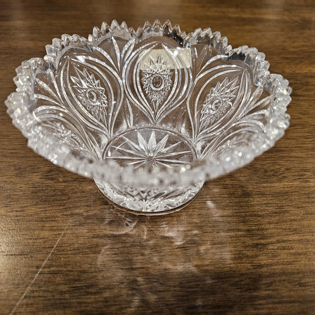 Vintage Crystal Etched Glass Bowl With Sawtooth Rim - Starburst Floral ...