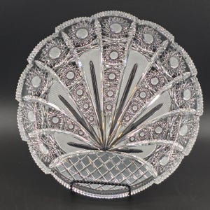 Bohemian Czech Crystal 11&quot; Round Platter Hand Cut scalloped Cake Plate