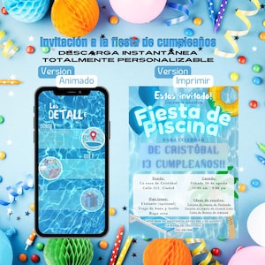 Convite para festas na piscina | Versão digital | Versão impressa | Convite personalizado para crianças e adultos