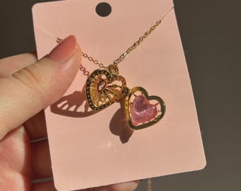 Çelik Açılabilir Saklı Kalp KStainless Collana con medaglione a cuore segreto in acciaio inossidabile - Cuore rosa nascosto apribile, pendente in cristallo dorato, anello regolabile