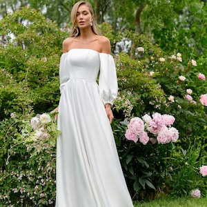 Corset Wedding Dress – Elegant Satin Wedding Dress with Off-Shoulder Puffy Sleeves | Classic Corset Bridal Gown for Modern Brides