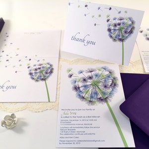 Dandelion Bat Mitzvah Invitation Sample, Blue Purple Dandelion Invitation, Flower Bat Mitzvah Invitations, Printable Invitation, Thank You image 1