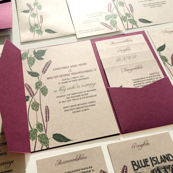 Hops and Barley Wedding Invitation, Rustic Brewery Wedding Invite, Beer Wedding Invitations, Burgandy Red, Green Kraft Paper Plum Pocketfold