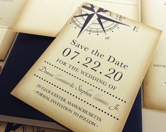 Vintage Compass Wedding Save the Date Card, Navy Blue Postcard, Nautical Pocketfold Wedding Invitations, Beach Wedding Invites, Boat Yacht