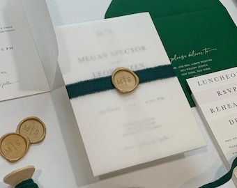 Emerald Green Wedding Invitation Suite with Monogram Gold Wax Seal