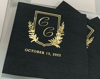 200 Personalized Monogram Wedding Napkins with Gold Foil on Black