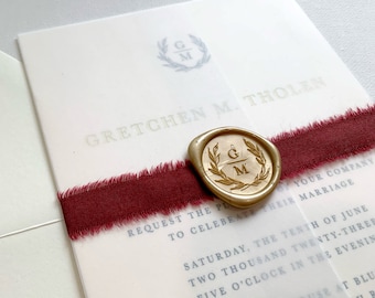 Gold Foil Wedding Invitation Suite with Wine Ribbon and Monogram Crest Gold Wax Seal and a Vellum Wrap