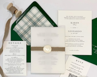 Hochzeitseinladung in Grün und Taupe mit kariertem Umschlag Liner