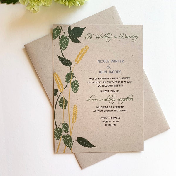A Wedding is Brewing! Barley and Hops Beer Wedding Invitation, Rustic Wedding Reception Invitations, Green, Gold, Brown Recycled Kraft Paper