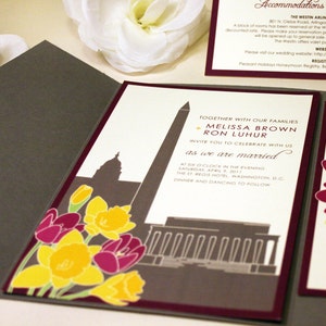 Washington DC Hochzeitseinladung, Grauer Taschenordner, Floral, Gelbe Narzissen, Weintulpen, DC Einladungsset, Washington Wedding Invite Suite