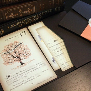 Herbst Vintage Buch Hochzeitseinladung, Pocketfold Hochzeitseinladungen Herbsthochzeit einladen, Orange rustikale Hochzeitseinladung Buchliebhaber