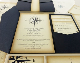 Compass Rose Invitations, Navy Blue, Vintage