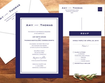 Navy Wedding Invitation Set with Blue Border and Modern Fonts, Dark Blue and White Wedding Invitation Suite, Classic Wedding Invitations