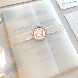 Champagne Pink and Ivory Wedding Invitation Suite with Monogram Wax Seal, Frayed Cream Ribbon and Translucent Vellum Wrap Overlay