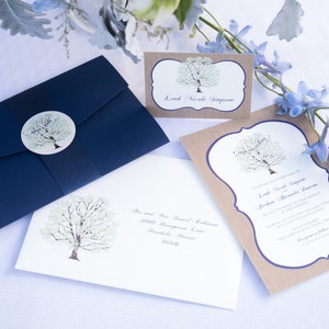 Tree Wedding Invitation Navy, with Woodgrain, Invitation Sample, Navy Pocketfold, Rustic Invitation Suite image 1