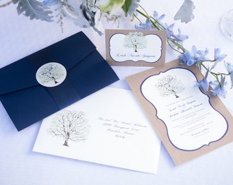 Tree Wedding Invitation Navy, with Woodgrain, Invitation Sample, Navy Pocketfold, Rustic Invitation Suite