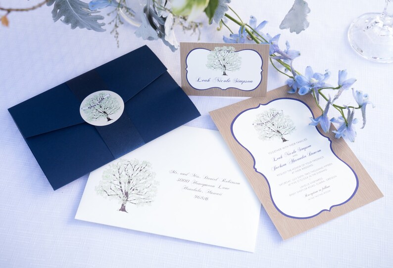 Tree Wedding Invitation Navy, with Woodgrain, Invitation Sample, Navy Pocketfold, Rustic Invitation Suite image 1