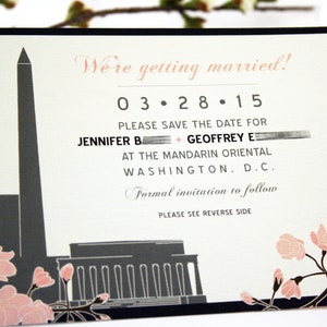 Washington DC Save the Date Karte, DC Skyline Hochzeitspostkarte,Kirschblüte,Frühling Hochzeitseinladung,Pink,Grau DC Gebäude Maryland Party