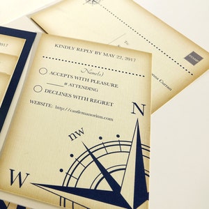 Vintage Compass Wedding Save the Date Card, Navy Blue Postcard, Nautical Pocketfold Wedding Invitations, Beach Wedding Invites, Boat Yacht image 6