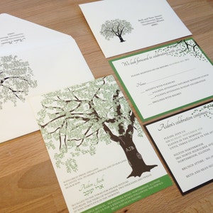 Puede incluir: Una invitaci&oacute;n verde y blanca con un dise&ntilde;o de &aacute;rbol. El texto dice "We look forward to celebrating with you" y "Aiden's celebration continues".