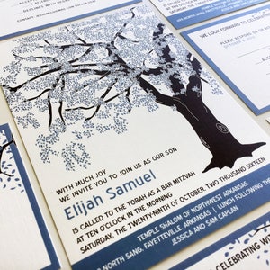 Blue Tree Bar Mitzvah Invitation, Oak Tree Bar Mitzvah Invitation Set, Bat Mitzvah Suite, RSVP Party Card, Pocketfold, Custom, B'nai Mitzvah image 1