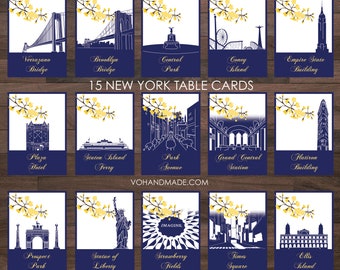 New York Table Cards Printable Wedding Table Names,17 Table Numbers Navy Blue Yellow Cherry Blossom Central Park Statue Liberty Times Square