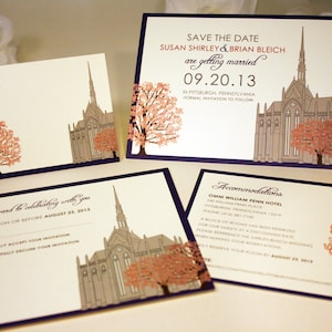 NEW SAMPLE Chapel Wedding Invitation, Oak Trees, Grey, Red, Fall, Winter Spring, Gothic Cathedral, Heinz Memorial Chapel, Pittsburgh, Church image 3