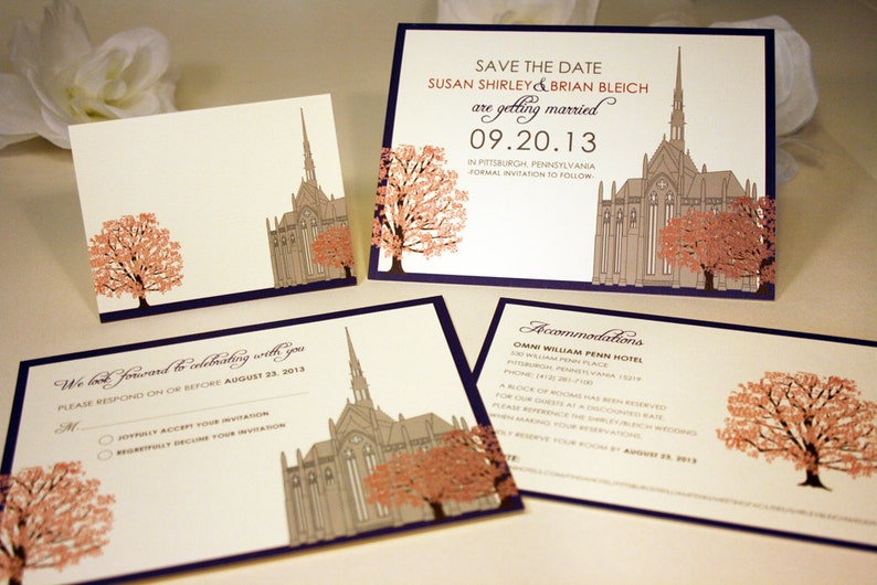 NEW SAMPLE Chapel Wedding Invitation, Oak Trees, Grey, Red, Fall, Winter Spring, Gothic Cathedral, Heinz Memorial Chapel, Pittsburgh, Church image 3