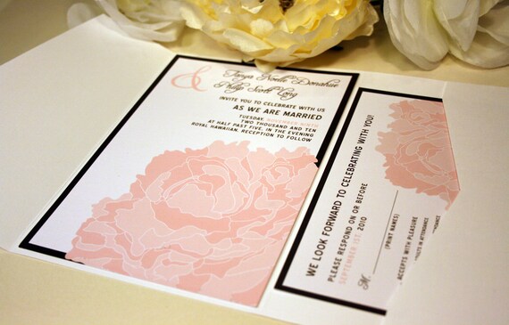 SAMPLE Lacy Peony Blossom Pocketfold Wedding Invitation, Pink, White, Cream, Hot Pink, Wedding Invite, Rustic and Modern