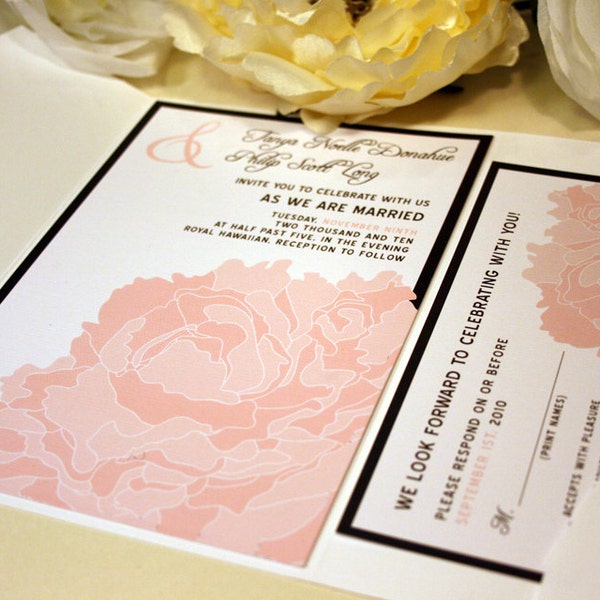 SAMPLE Lacy Peony Blossom Pocketfold Wedding Invitation, Pink, White, Cream, Hot Pink, Wedding Invite, Rustic and Modern
