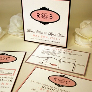 May include: Wedding invitation with black and pink accents. The invitation features the couple's names, wedding date, and location. The invitation also includes a map with directions to the wedding venue.