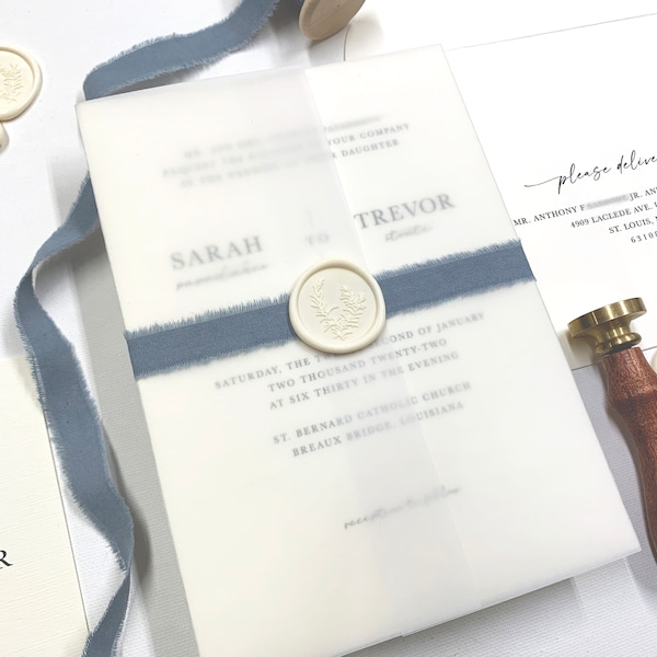 Dusty Blue and Ivory Wedding Invitation Suite with Frayed Ivory Ribbon, Translucent Vellum Wrap and Monogrammed Light blue Wax Seal