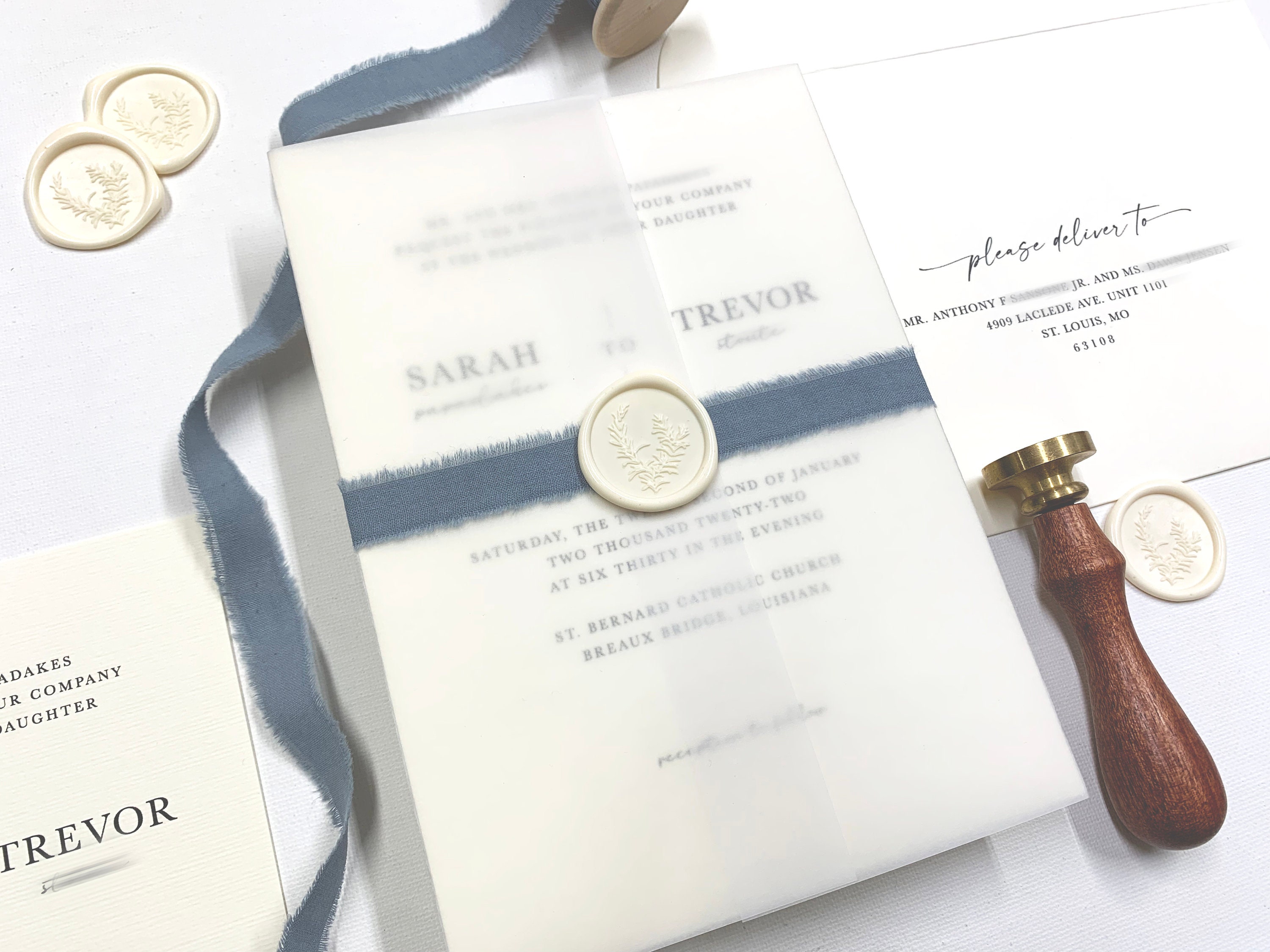Dusty Blue and Ivory Wedding Invitation Suite with Frayed Ivory Ribbon, Translucent Vellum Wrap and Monogrammed Light blue Wax Seal