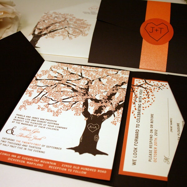 Invitación de boda de Fall Oak Tree, Pocketfold, Invitaciones de boda de otoño de boda rústica, Invitación de boda de otoño, Invitación de boda, Marrón, Naranja