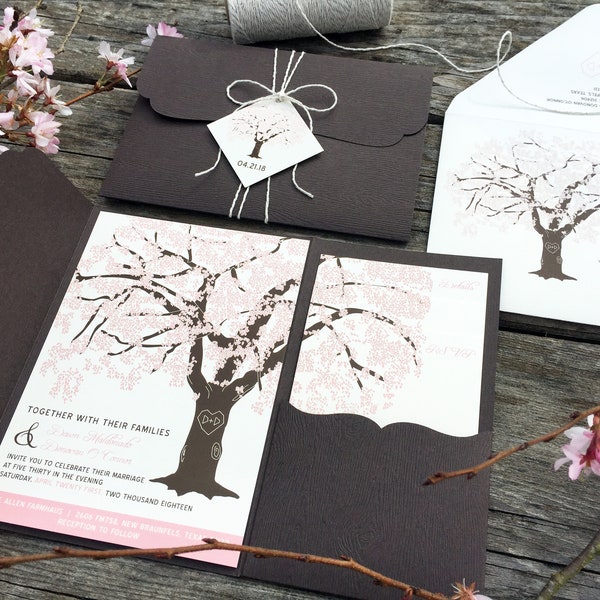 Pink Cherry Blossom Wedding Invitation, Blossoming Tree Invitations, Spring, Woodgrain Pocketfold, Brown Lasercut Pocket Invitation Suite