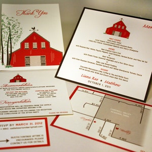 May include: Red and white wedding invitation with a red barn illustration. The invitation includes the couple's names, wedding date, and the text "Thank You".